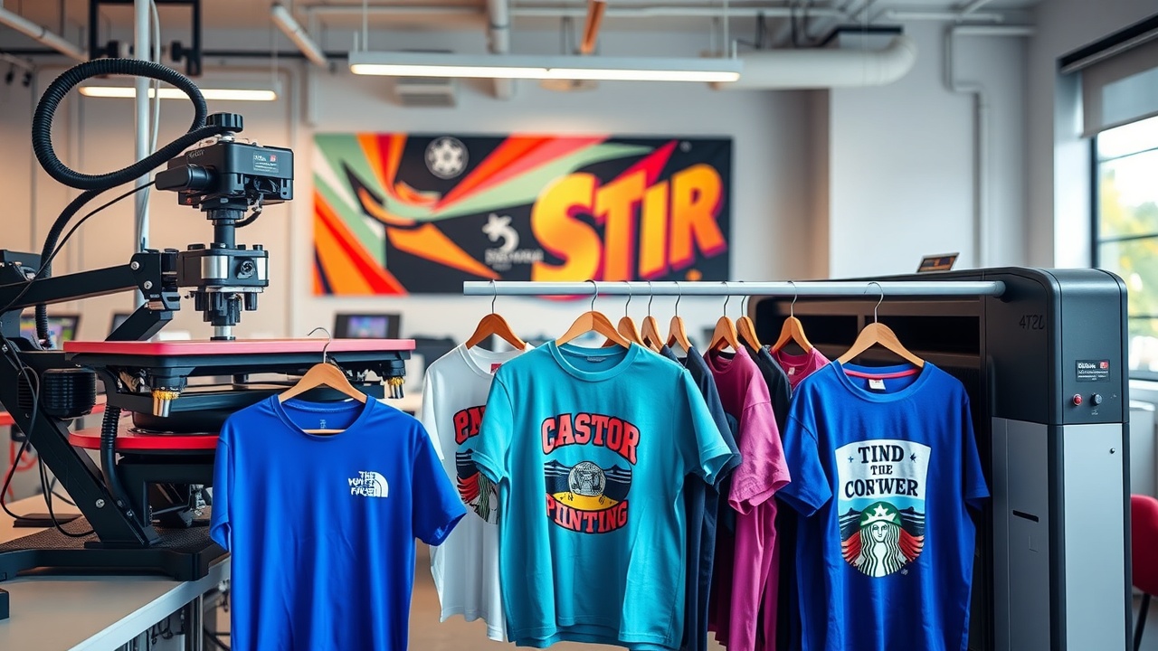 Various t-shirt printing methods displayed in a modern custom apparel printing workspace with heat press and colorful custom t-shirts