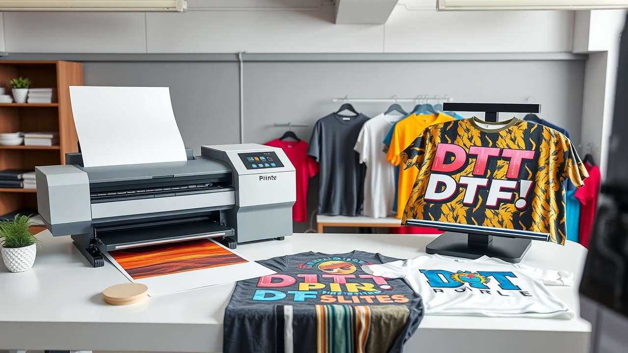 Professional comparison of heat transfer paper printing and DTF transfer printing showing custom t-shirts in a modern printing workspace